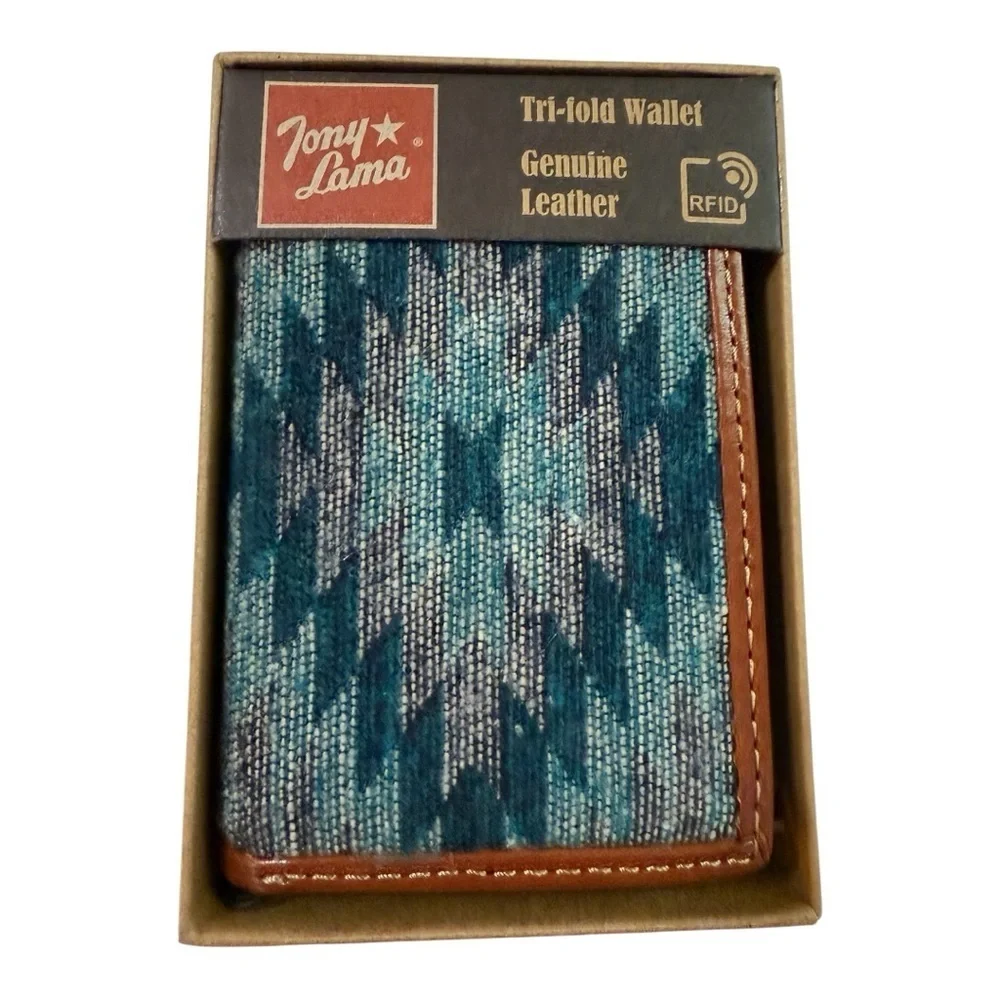 Tony Lama RFID Trifold Wallet – Genuine Leather & Fabric Front – New in Box